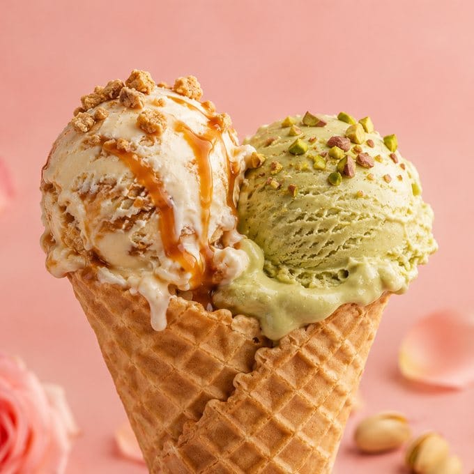 KreemiK waffle cone with vanilla caramel and pistachio scoops